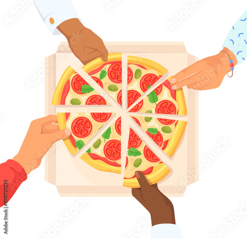 Hands take pizza slices. People eat together