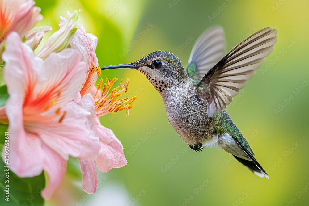 Naklejka premium Vibrant Macro Photography: Capturing a Hummingbird Pollinating a Flower in Exquisite Detail and Colorful Texture
