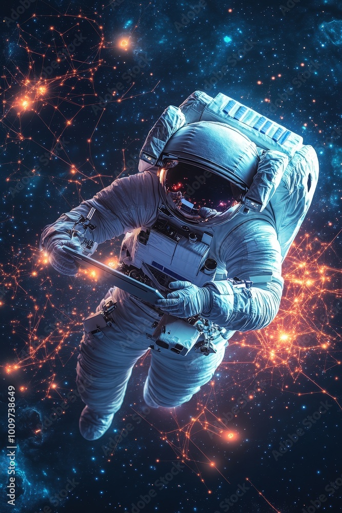 Fototapeta premium Astronaut floating in space using digital tablet with glowing network of connections and stars in the background