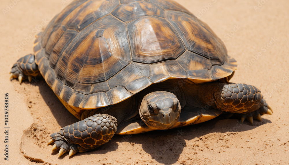 Close-up of a tortoise's shell resting on the sandy savanna ground, highlighting the unique patterns and textures of the scutes. Close-up of a tortoise's shell resting on the sandy savanna ground, highlighting the unique patterns and textures of the scutes.