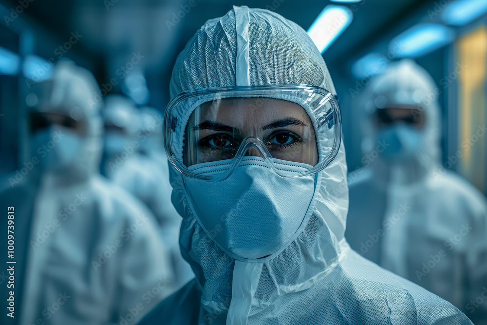 High definition group photos of semiconductor laboratory researchers in dust-free clothing capturing rich details in a technology research room. High definition group photos of semiconductor laboratory researchers in dust-free clothing capturing rich details in a technology research room.