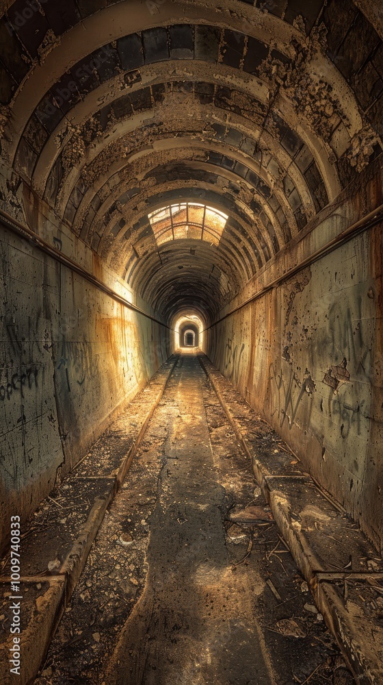 A decaying tunnel illuminated by light at the end, showcasing urban neglect and history A decaying tunnel illuminated by light at the end, showcasing urban neglect and history