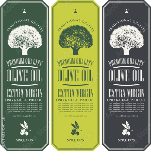 Set of vector labels for olives or olive oil with olive tree design in retro style. Suitable for designing logo, sticker, banner
