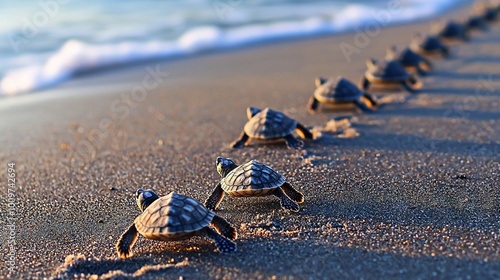   Baby turtles walk on the beach sand, facing the ocean photo