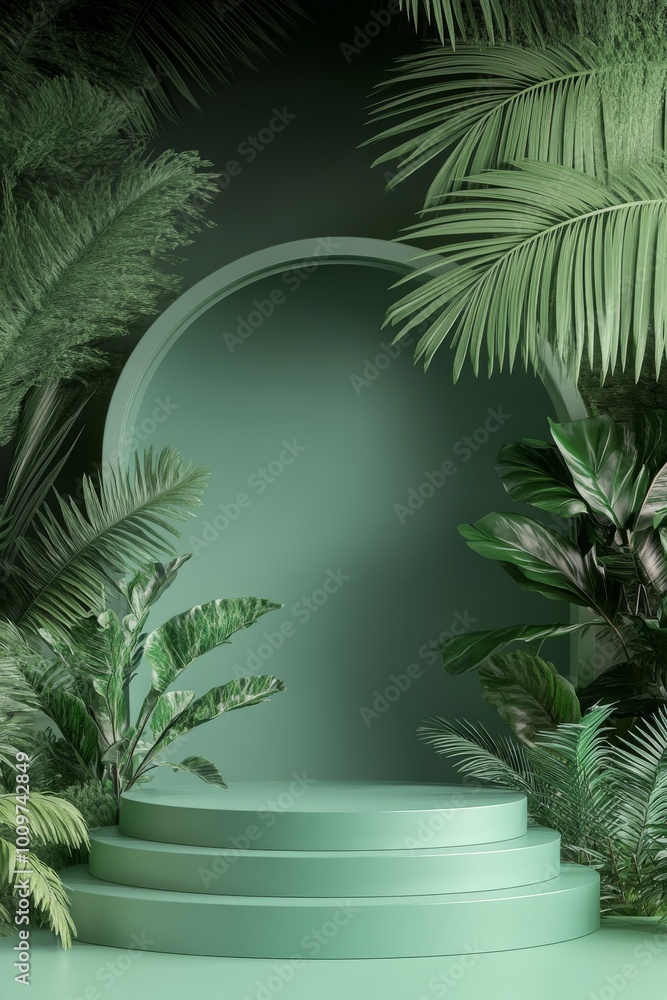 A serene green backdrop with round platform surrounded by lush palm leaves in soft sunlight A serene green backdrop with round platform surrounded by lush palm leaves in soft sunlight