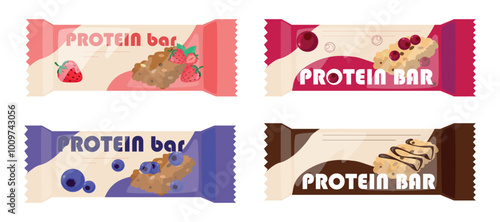 Set of beautiful protein bars in colorful wrappers, in cartoon style .Vector illustration of protein bars with various flavors:strawberry, cranberry,blueberry,chocolate isolated on a white background.