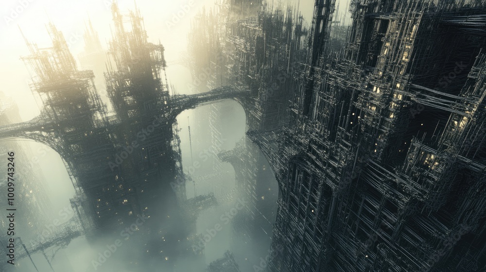 A futuristic cityscape with tall, interconnected buildings and bridges, shrouded in fog. A futuristic cityscape with tall, interconnected buildings and bridges, shrouded in fog.