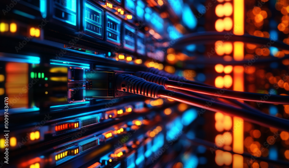 Fototapeta premium Abstract technological background, with network cables connected to data center server 