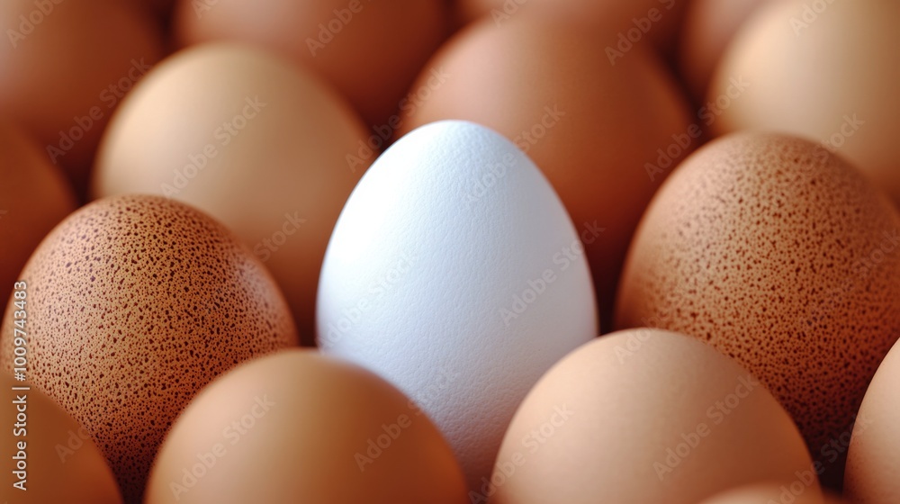 A single white egg stands out among many brown eggs in a carton during daylight A single white egg stands out among many brown eggs in a carton during daylight