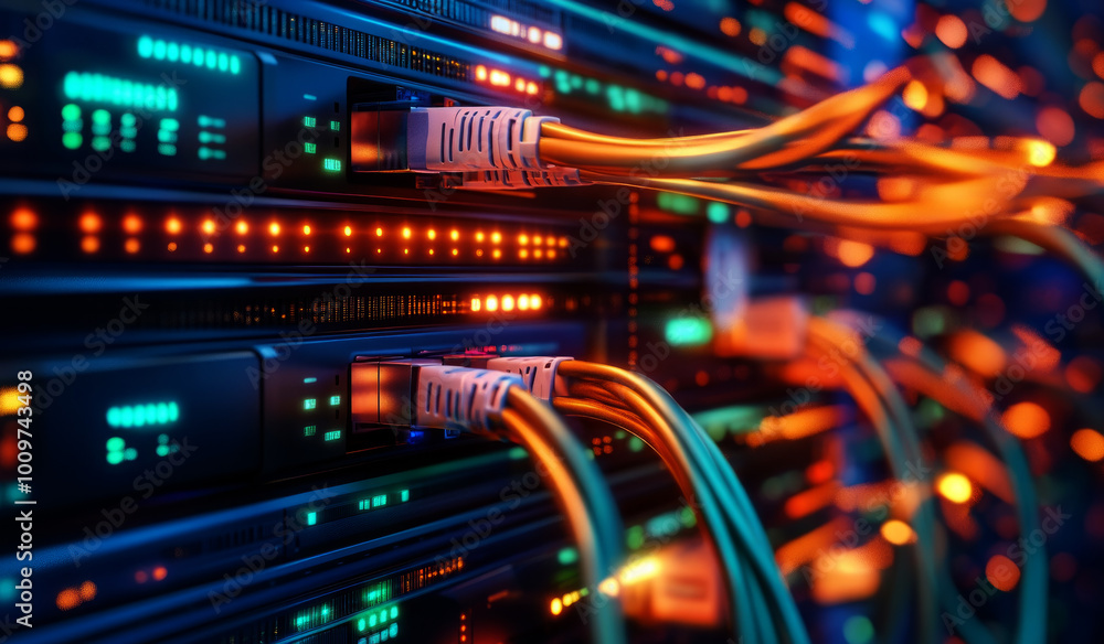 Abstract technological background, with network cables connected to data center server Abstract technological background, with network cables connected to data center server