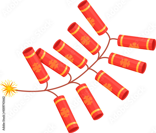 Firecracker group on burning rope. Festive explosive cartoon icon