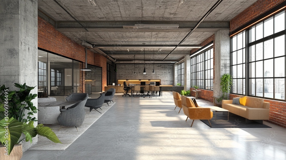 Modern office workspace, clean open-plan layout, high ceilings, exposed concrete, industrial design elements, large windows, neutral tones Modern office workspace, clean open-plan layout, high ceilings, exposed concrete, industrial design elements, large windows, neutral tones