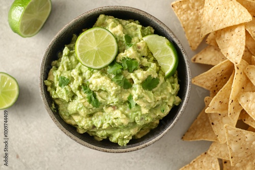 Bowl of guacamole with lime wedges and cilantro, next to a pile of tortilla chips.