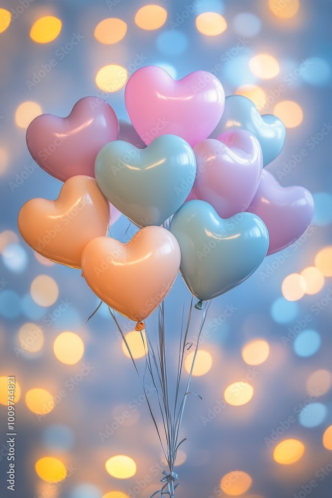 Heart-shaped balloons in pastel colors against a soft, glowing background for celebrations Heart-shaped balloons in pastel colors against a soft, glowing background for celebrations