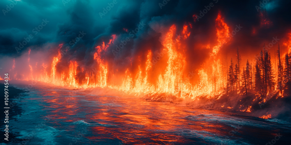 A dramatic scene of an ice landscape on fire, symbolizing the impacts of climate change and global warming. Suitable for businesses focused on environmental awareness, sustainability, and climate acti A dramatic scene of an ice landscape on fire, symbolizing the impacts of climate change and global warming. Suitable for businesses focused on environmental awareness, sustainability, and climate acti