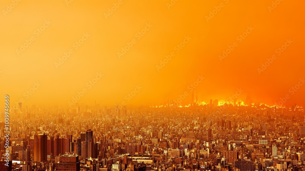 Apocalyptic Cityscape - A city skyline engulfed in the eerie orange glow of a distant chemical fire, casting an ominous shadow over the urban landscape. Apocalyptic Cityscape - A city skyline engulfed in the eerie orange glow of a distant chemical fire, casting an ominous shadow over the urban landscape.