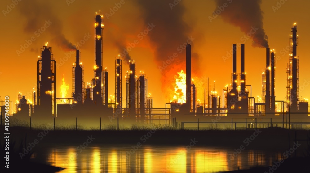 Fototapeta premium Apocalyptic Cityscape - A city skyline engulfed in the eerie orange glow of a distant chemical fire, casting an ominous shadow over the urban landscape.