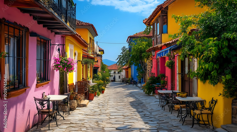 Obraz premium Colorful Street Scenic View Charming Boutique Shops Sidewalk Dining Flowers