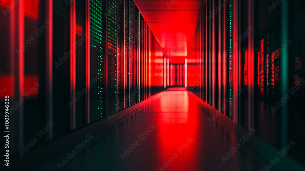 Fototapeta premium Dark server corridor illuminated by vibrant red lights in a modern data center environment