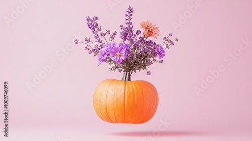   A pink table, adorned with two vases, one holding purple and the other, purple flowers