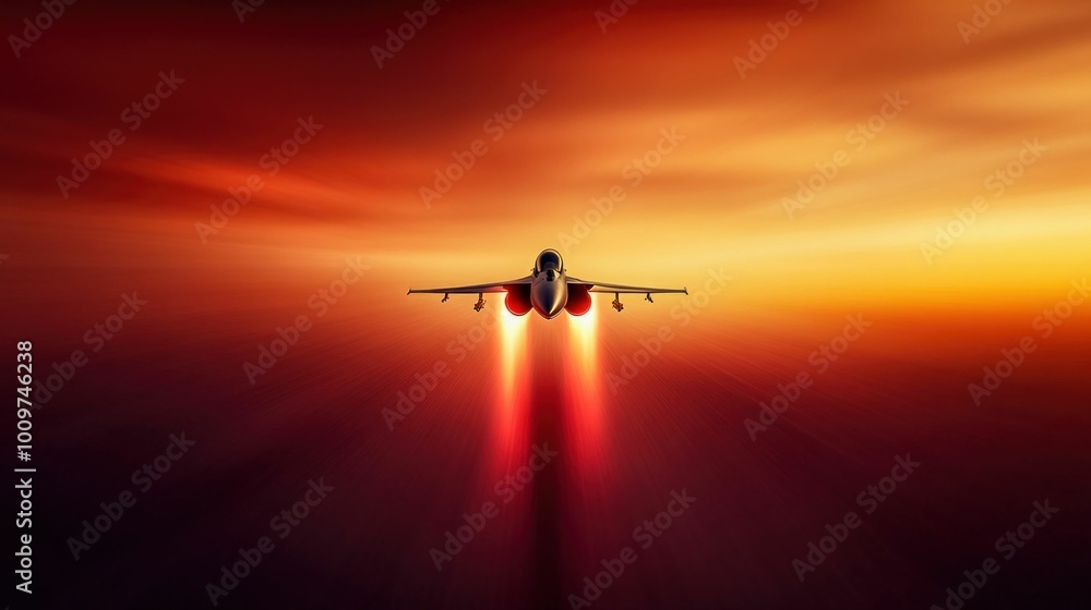 Fighter Jet Flying at High Speed with Colorful Sunset Trail Fighter Jet Flying at High Speed with Colorful Sunset Trail