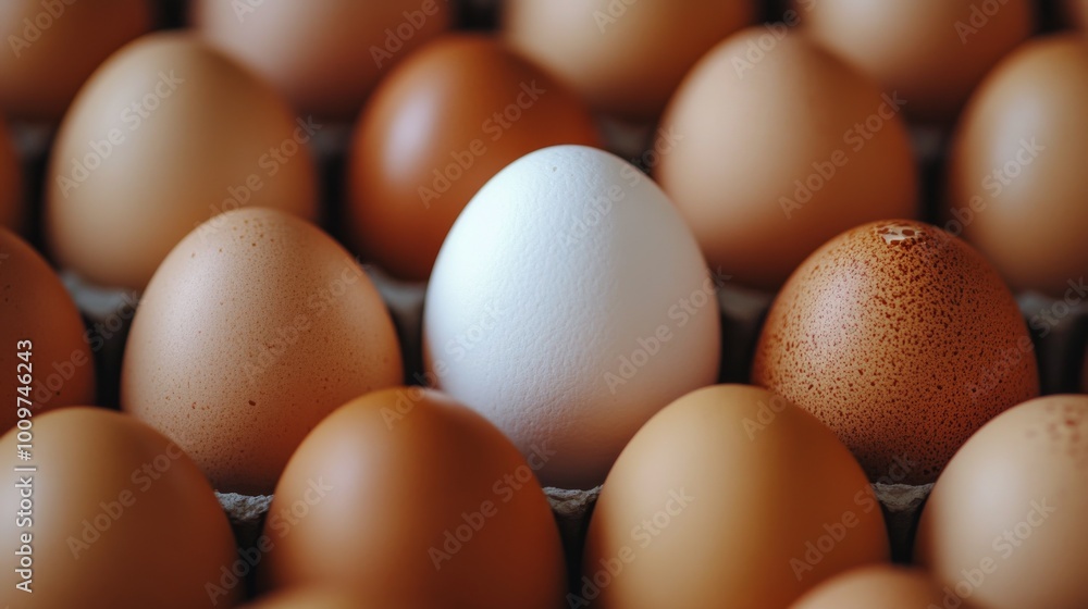 A single white egg stands out among many brown eggs in a carton during daylight A single white egg stands out among many brown eggs in a carton during daylight