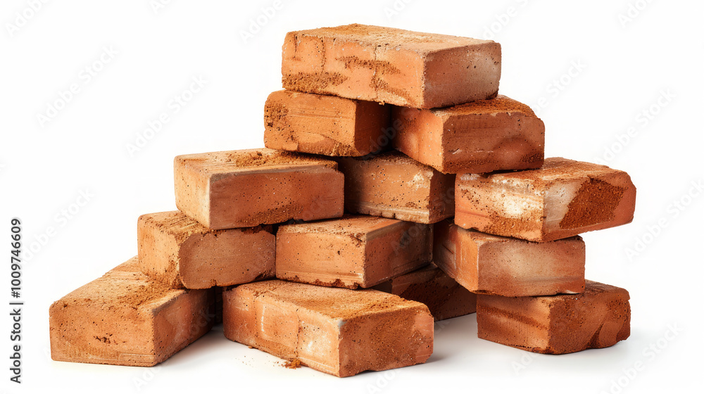 Stack of rustic red bricks in disarray on a white background. Concept of construction materials, building foundation, masonry work, home improvement Stack of rustic red bricks in disarray on a white background. Concept of construction materials, building foundation, masonry work, home improvement