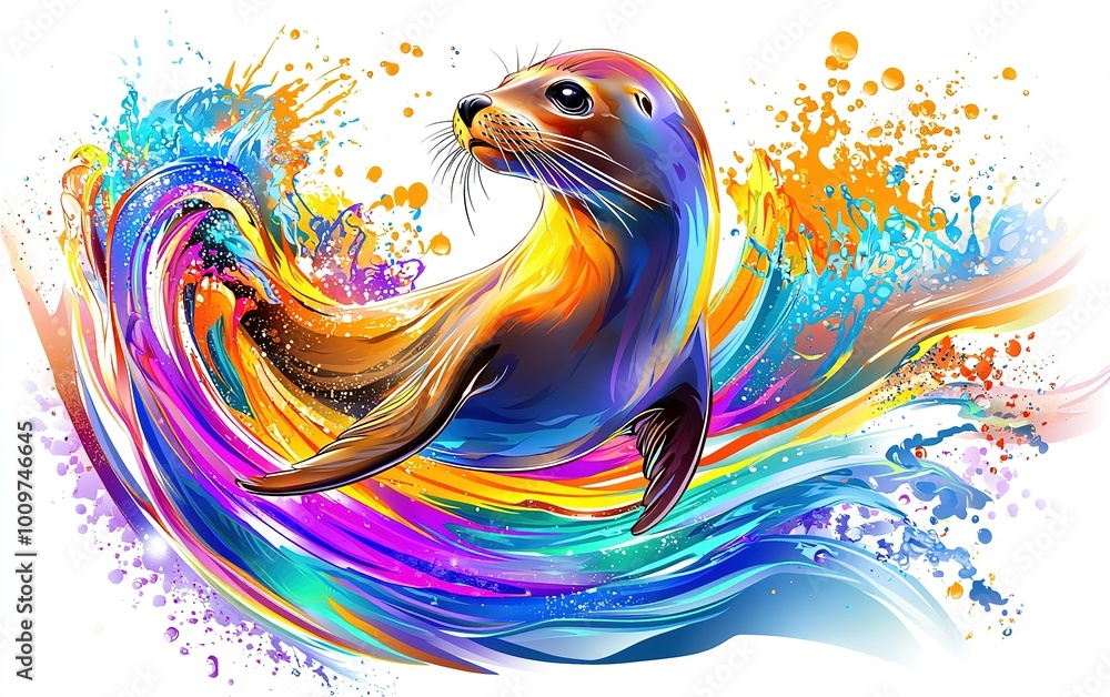 Obraz premium A vibrant seal splashes joyfully in swirling waves of color, enchanting the ocean on a bright sunny day