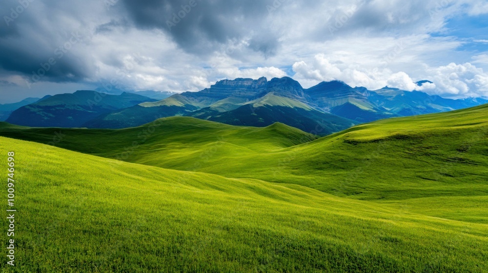 Lush Green Hills with Majestic Mountains Under Cloudy Sky Lush Green Hills with Majestic Mountains Under Cloudy Sky