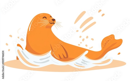 Delightful orange seal joyfully splashing playfully in gentle ocean waves on a sunny day