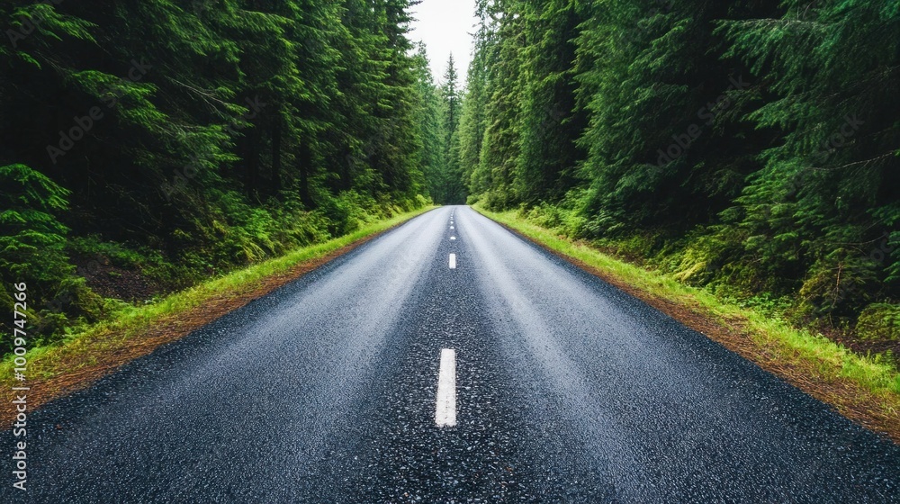 Fototapeta premium Wet Road Surrounded by Trees