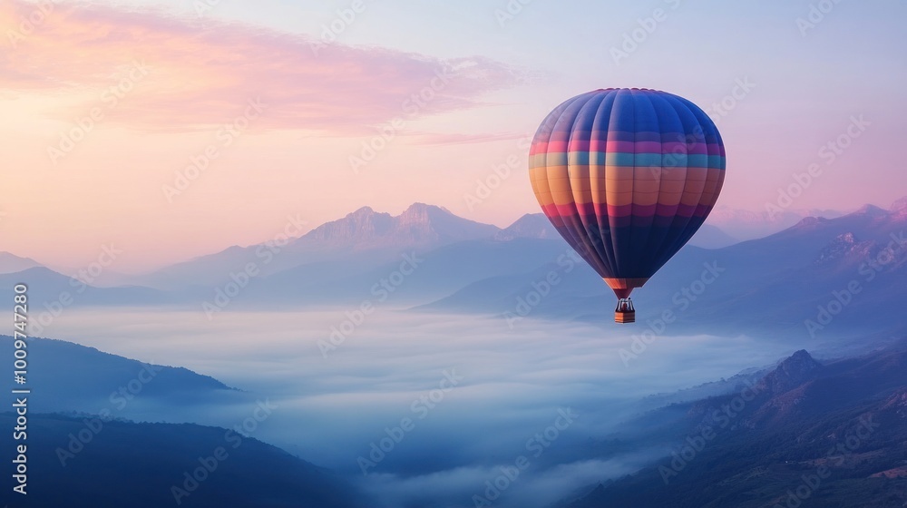 Hot Air Balloon Soaring Above Misty Mountains at Dawn Hot Air Balloon Soaring Above Misty Mountains at Dawn