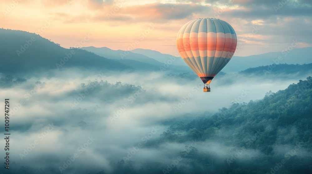 Fototapeta premium Hot Air Balloon Soaring Over Misty Mountains