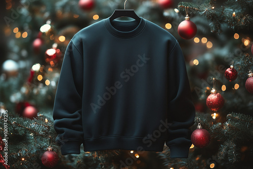 A cozy black sweatshirt mockup set against a festive Christmas backdrop with lights, a decorated tree, and snowflakes, ideal for showcasing holiday-themed designs