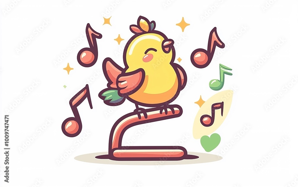 A cheerful yellow bird sings joyfully on a whimsical perch, surrounded by musical notes and sparkles in a vibrant, playful setting A cheerful yellow bird sings joyfully on a whimsical perch, surrounded by musical notes and sparkles in a vibrant, playful setting