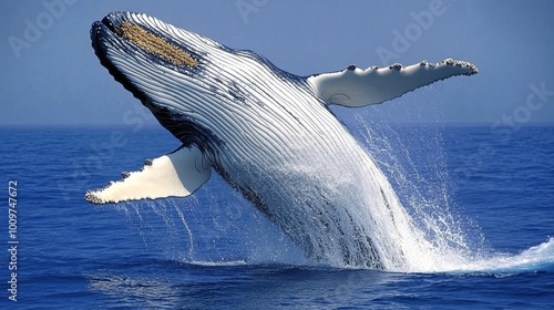 Ballena jorobada emergiendo del agua con la cola visible en un salto. La imagen captura la magnitud del animal y la fuerza de su movimiento, ideal para temas de conservación marina.






 photo