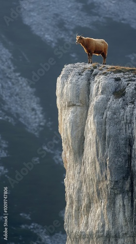 Cabra montesa equilibrada sobre la cima de una roca, con un paisaje montañoso de fondo. La imagen destaca la destreza y agilidad del animal, mostrando detalles de su pelaje y su postura dominante. photo