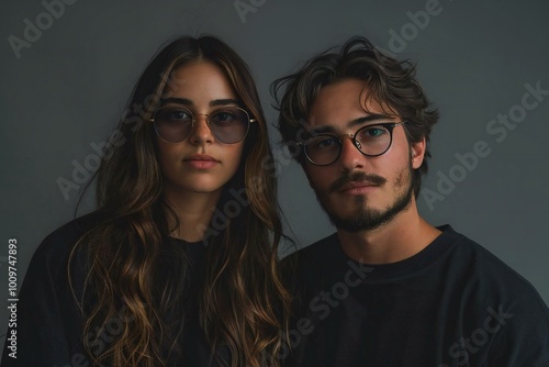 happy young couple wearing stylish eyeglasses against a grey background.