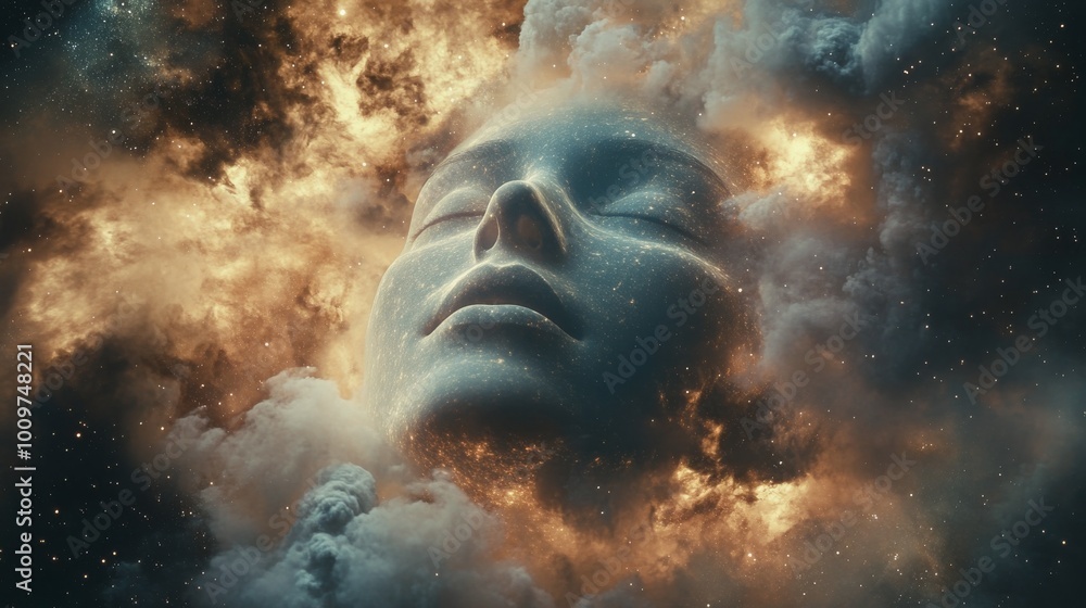 A serene face emerges from clouds in a cosmic landscape, evoking a sense of tranquility and awe A serene face emerges from clouds in a cosmic landscape, evoking a sense of tranquility and awe