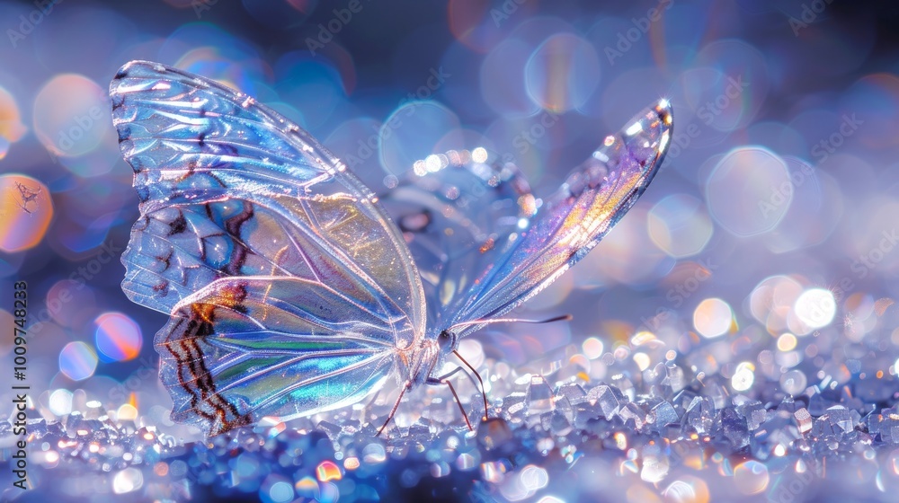 Fototapeta premium Crystal butterfly with vibrant iridescent colors on a soft pastel background. Concept of beauty in nature, delicate designs, iridescence, and elegance