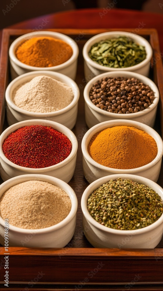 Bowls of vibrant spices resting on a wooden tray in an inviting Indian kitchen, highlighting the rich colors and textures of each spice against warm lighting Bowls of vibrant spices resting on a wooden tray in an inviting Indian kitchen, highlighting the rich colors and textures of each spice against warm lighting