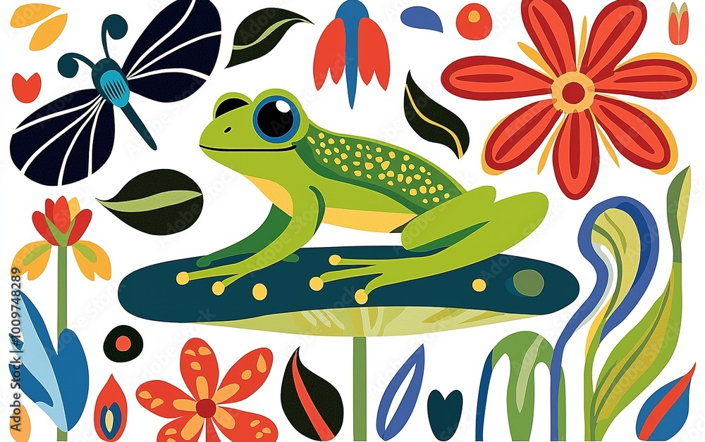 Obraz premium Vibrant green frog perched atop a colorful leaf surrounded by whimsical flowers and butterflies in an imaginative garden