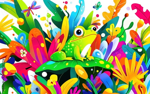 A vibrant green frog perched on a lush leaf surrounded by colorful flowers and lively plants in a bright, enchanting landscape