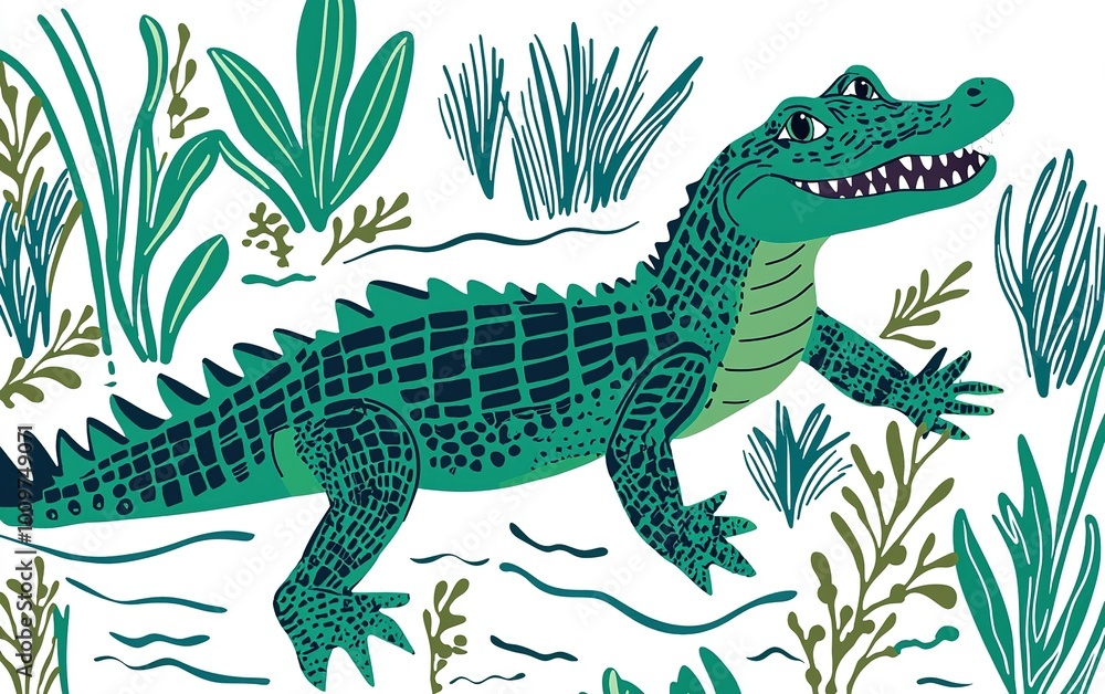 A vibrant illustration of a playful crocodile enjoying its time in a lush aquatic environment filled with lively vegetation A vibrant illustration of a playful crocodile enjoying its time in a lush aquatic environment filled with lively vegetation