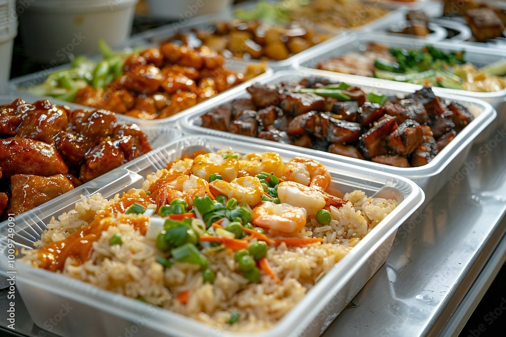 close-up shot of delicious meals in take away containers on a table, showcasing the variety and freshness of each dish. close-up shot of delicious meals in take away containers on a table, showcasing the variety and freshness of each dish.