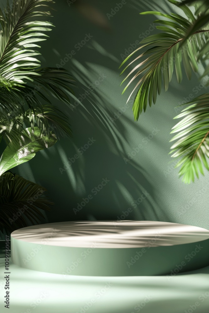 A serene green backdrop with round platform surrounded by lush palm leaves in soft sunlight A serene green backdrop with round platform surrounded by lush palm leaves in soft sunlight
