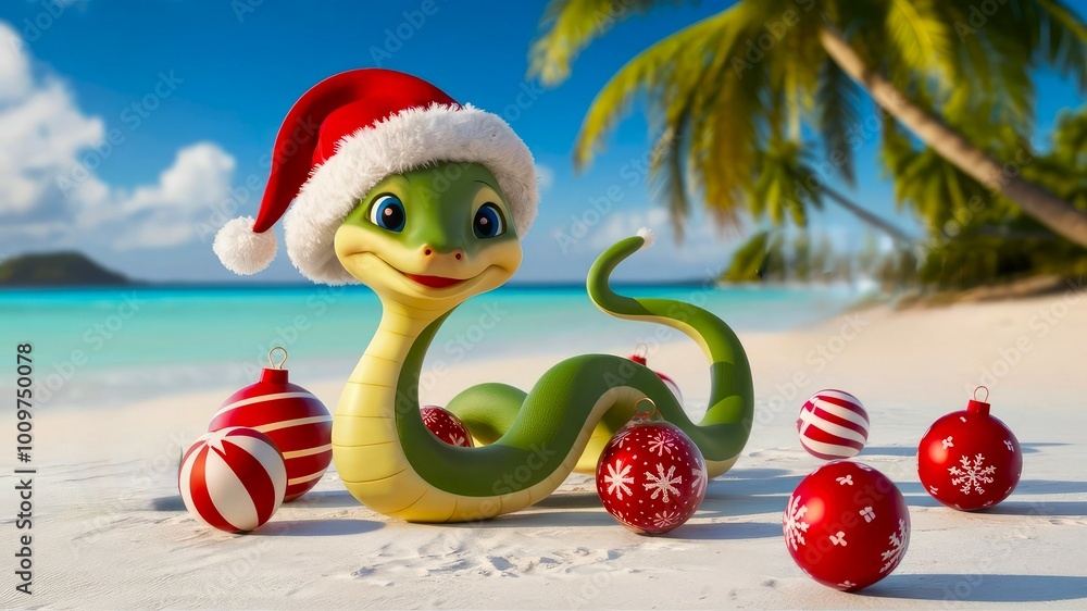 Obraz premium Cartoon snake with a Santa hat and Christmas balls on a sunny sandy beach with palm trees and ocean backdrop. Representing the year 2025 for a fun Christmas card concept.