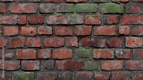 Textured red brick wall with patches of green moss showcasing rustic charm in urban setting