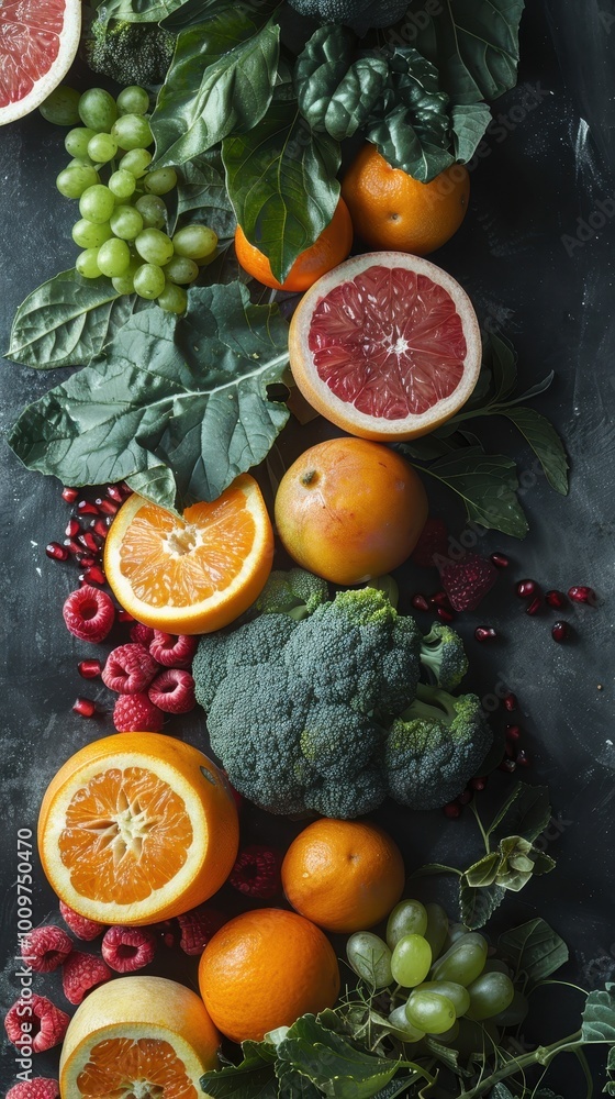 Vibrant assortment of fruits and vegetables showcasing immune-boosting nutrients in a fresh display Vibrant assortment of fruits and vegetables showcasing immune-boosting nutrients in a fresh display
