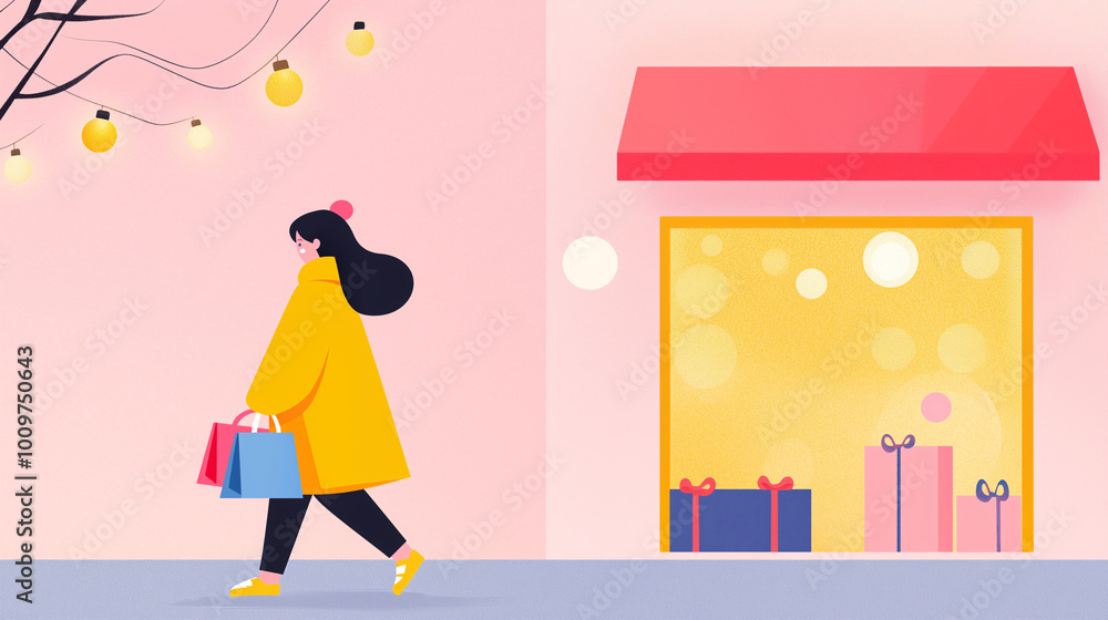 Young woman shopping for Christmas gifts during Black Friday sales, preparing for New Year 2025, in a minimalist flat illustration with pastel colors, capturing the joy of festive shopping Young woman shopping for Christmas gifts during Black Friday sales, preparing for New Year 2025, in a minimalist flat illustration with pastel colors, capturing the joy of festive shopping